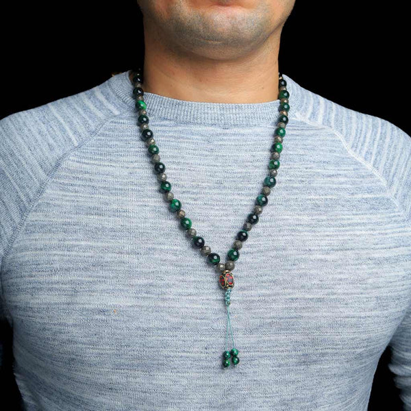 Live To Succeed Pyrite Green Tiger Eye Mala Necklace
