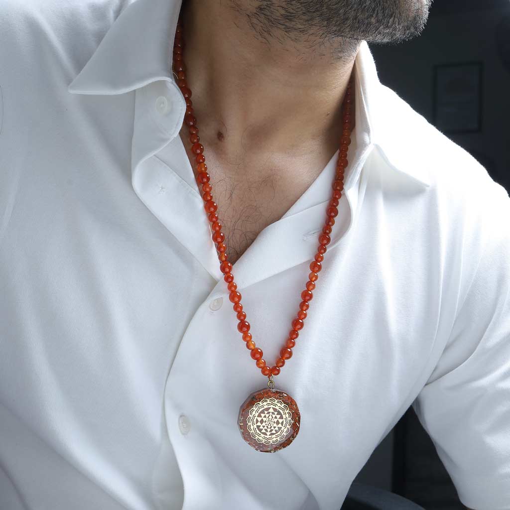 JWF Zest Of Life Empowering 108 Sriyantra Pendant Carnelian Mala