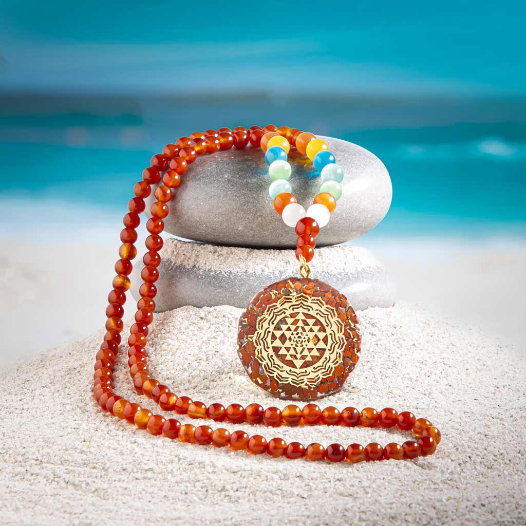 JWF Zest Of Life Empowering 108 Sriyantra Pendant Carnelian Mala