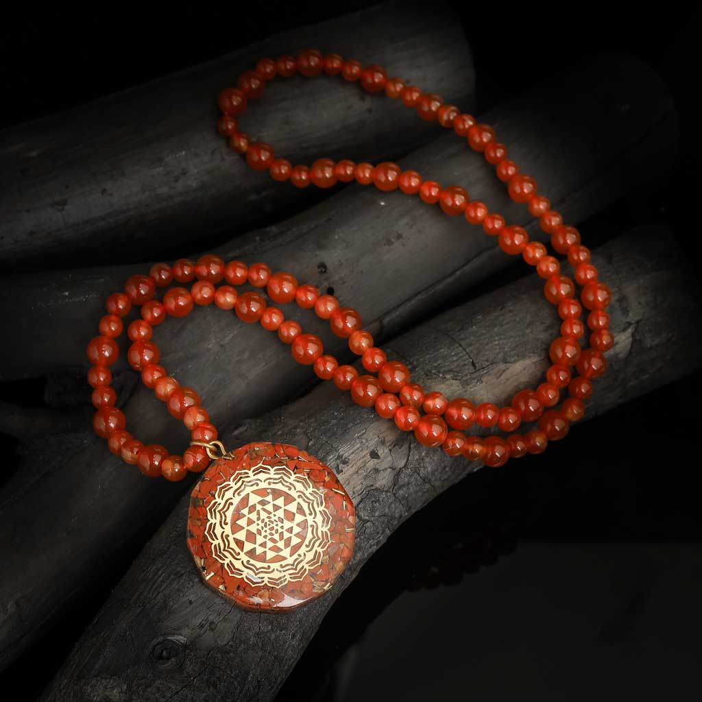 JWF Zest Of Life Empowering 108 Sriyantra Pendant Carnelian Mala