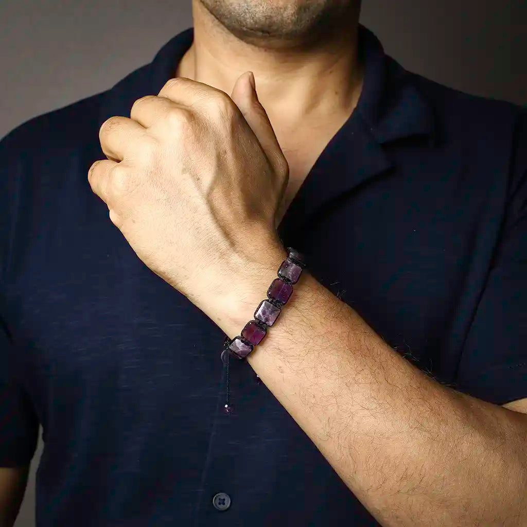 Men amethyst flat beaded bracelet
